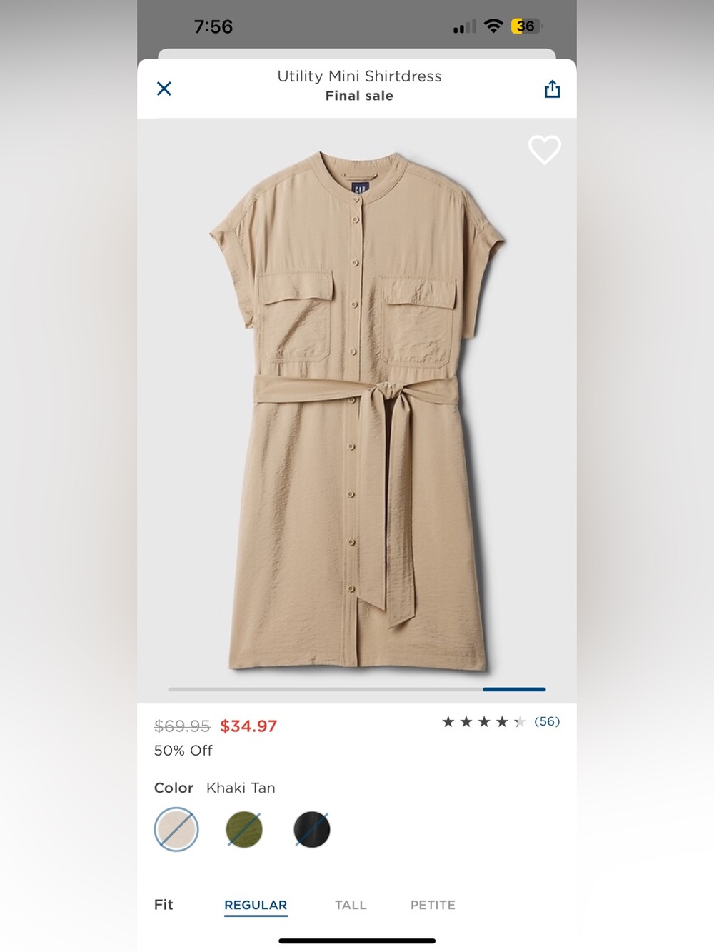 Gap Khaki Button Front Utility Mini Shirt Dress Size Large - Worn Once